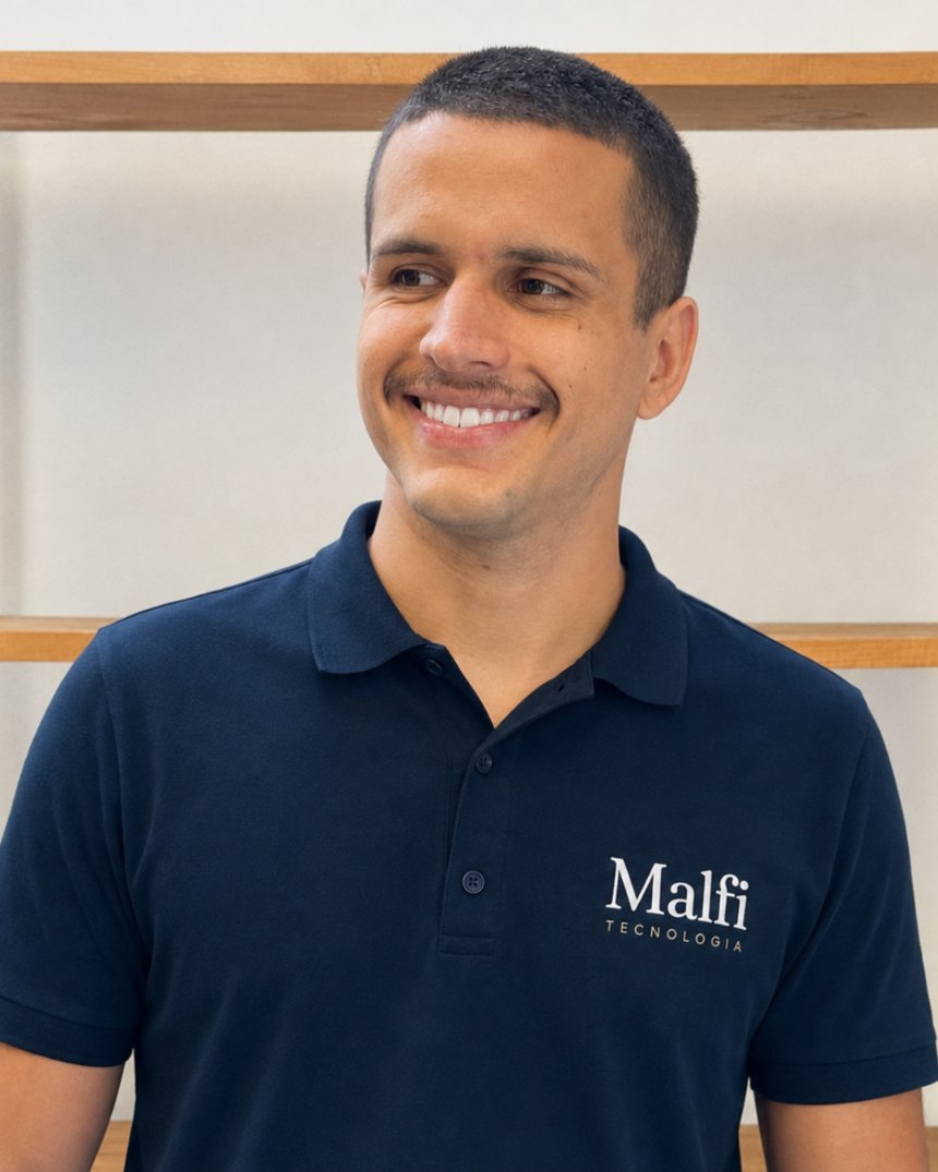 Henrique, da Malfi Tecnologia, sorrindo de polo azul-marinho com a marca bordada.