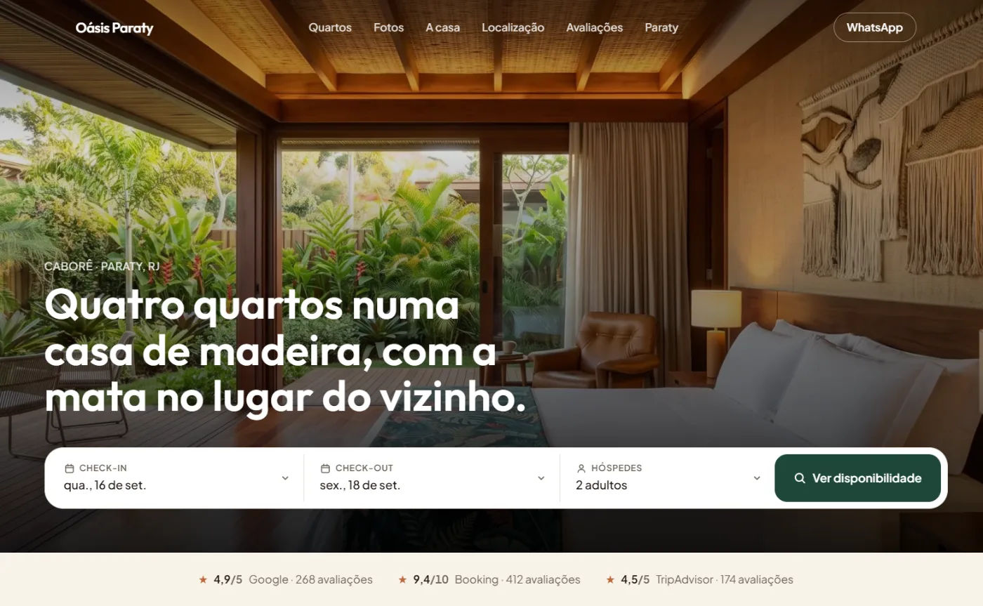 Primeira tela do site da pousada Oásis Paraty: foto de um quarto de madeira aberto para a mata, o título “Quatro quartos numa casa de madeira, com a mata no lugar do vizinho”, um formulário de reserva com check-in, check-out e hóspedes, e as notas 4,9/5 no Google, 9,4/10 no Booking e 4,5/5 no TripAdvisor.
